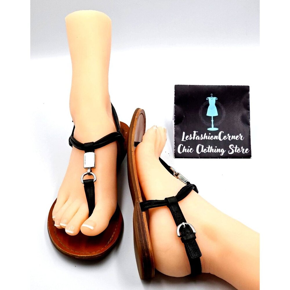 Coach Women's Black Leather Charleen T-Strap Sandals Silver Accents Sz 7 B 2309 - Picture 11 of 16